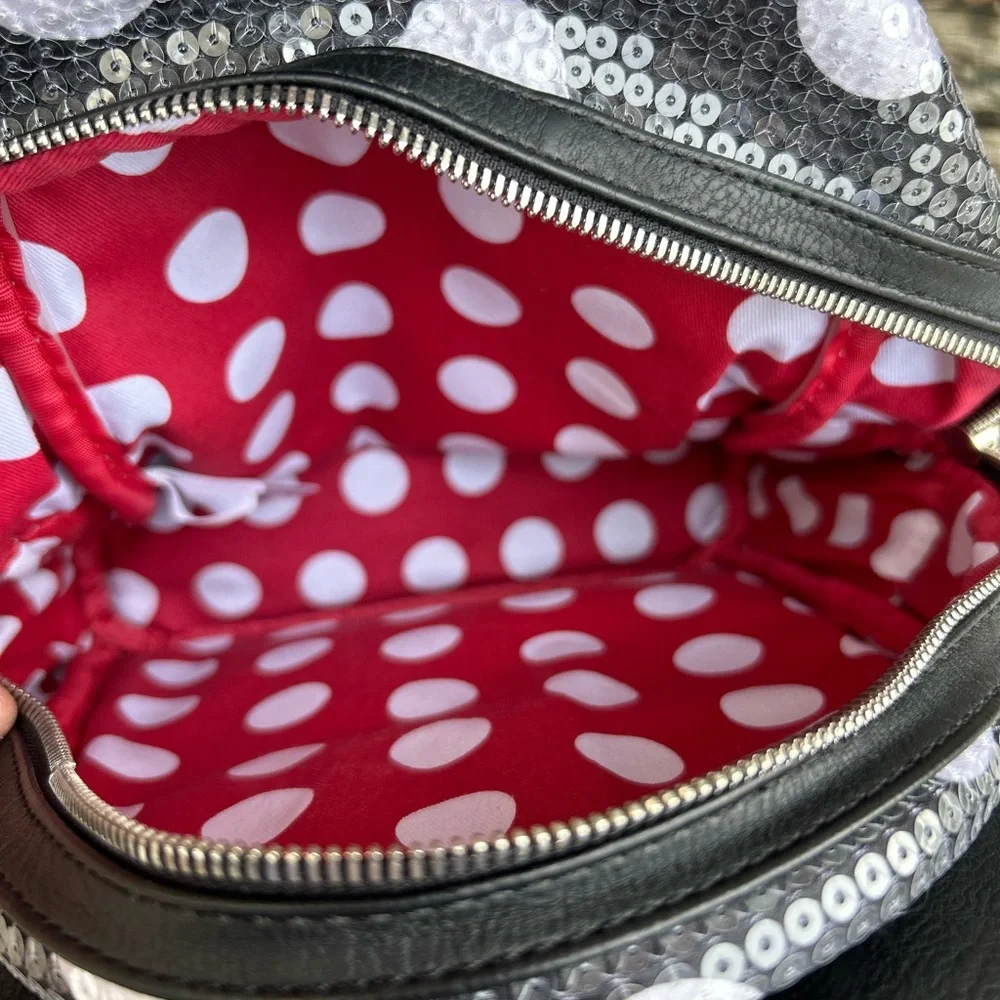 Disney Parks Loungefly Minnie Mouse Sequined Black White Polka Dot Mini Backpack - Picture 8 of 12